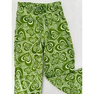 Lisa Says Gah Green White Pull on Heart Pants Wide Leg M Whimsical Fun Print